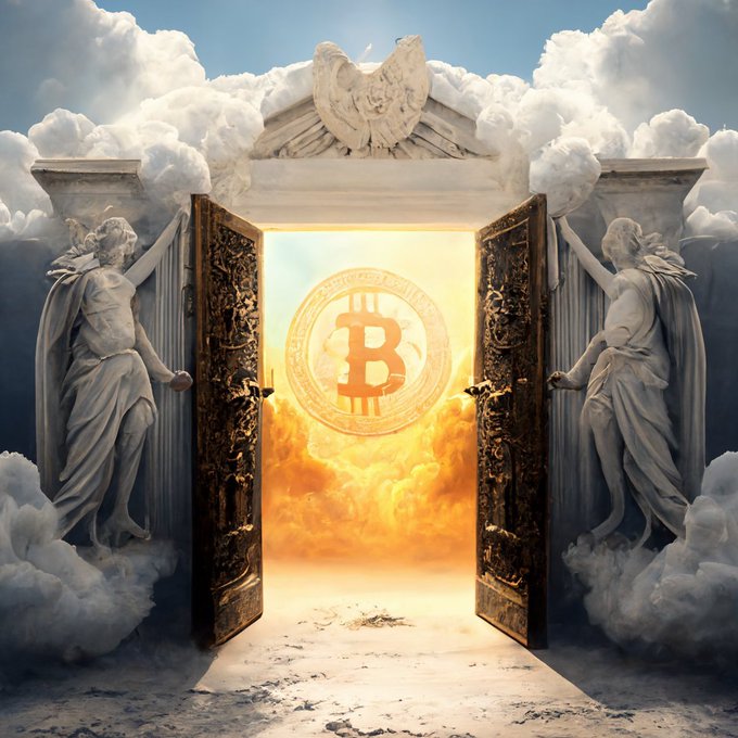 Bitcoin art white gates heaven 3D coin abstract