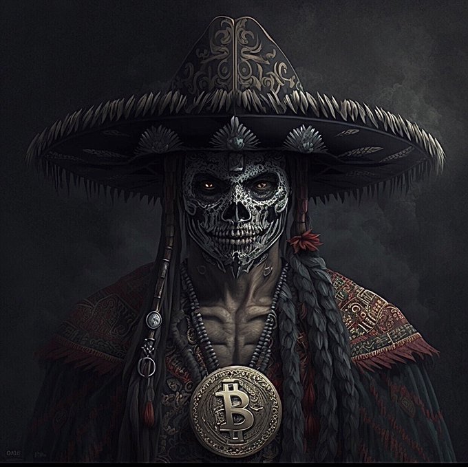 Free bitcoin art dark Mexican sombrero skull glowing