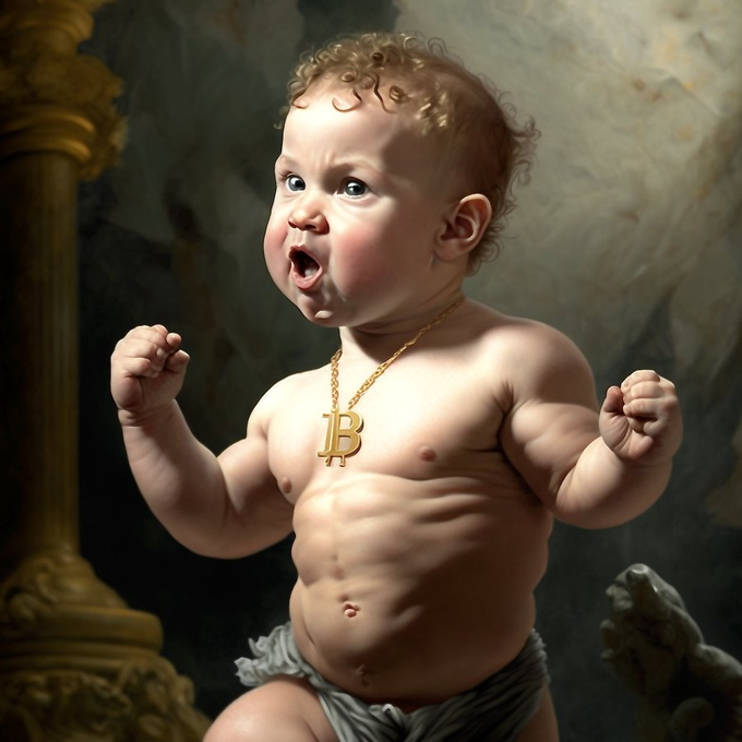 Free bitcoin art golden baby blockchain network glowing illustration