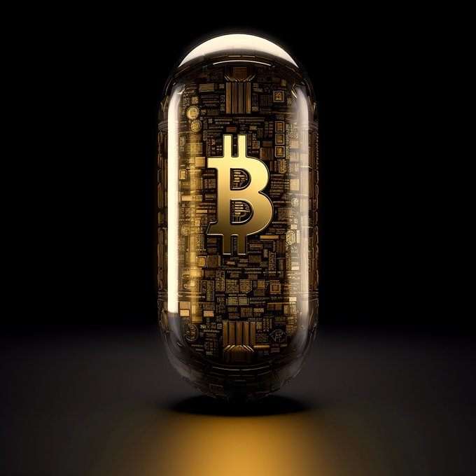 Free bitcoin art gold black holographic pill illustration