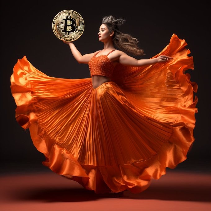 Free bitcoin art orange dress lady coin explosion
