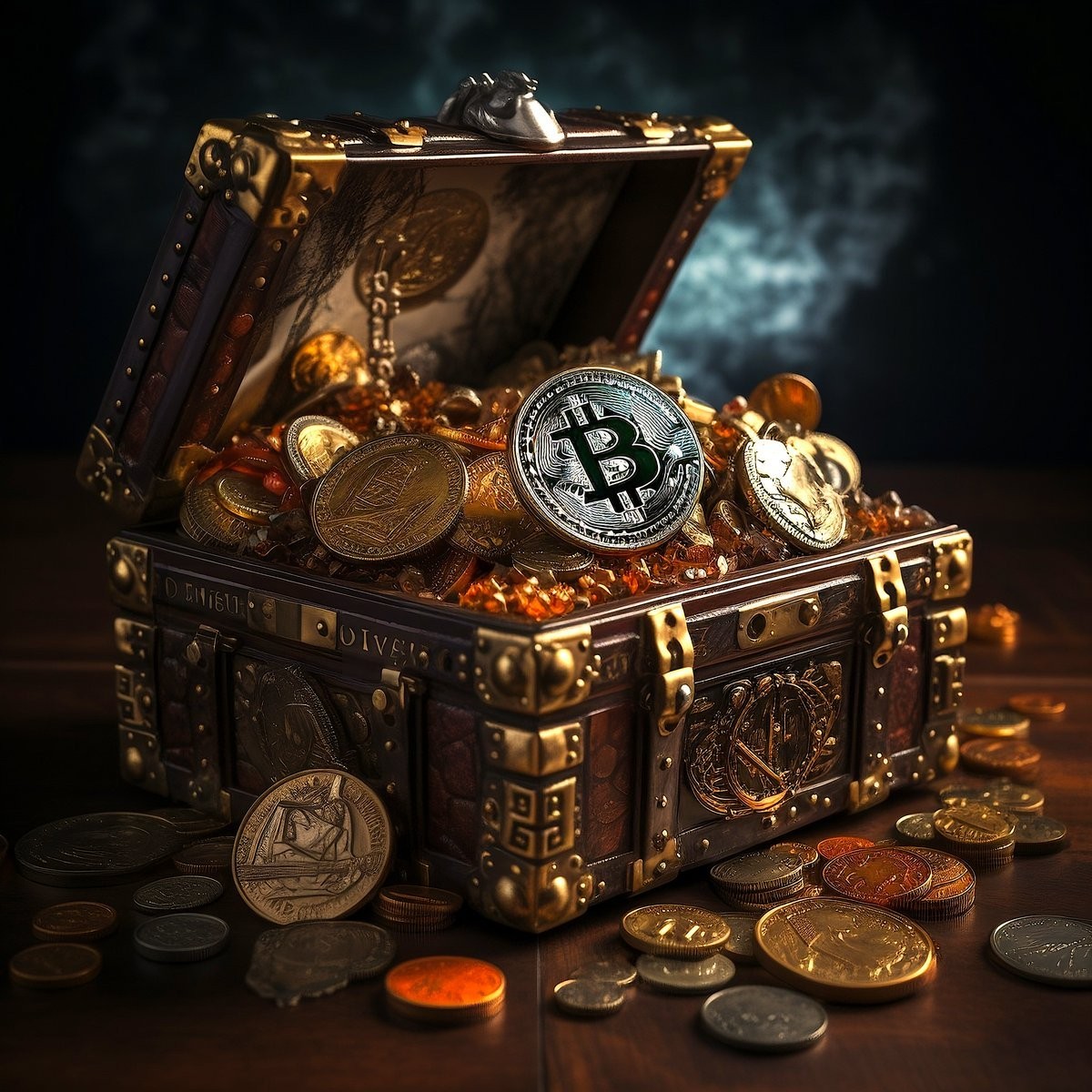 Bitcoin art purple glowing 3D coin abstract