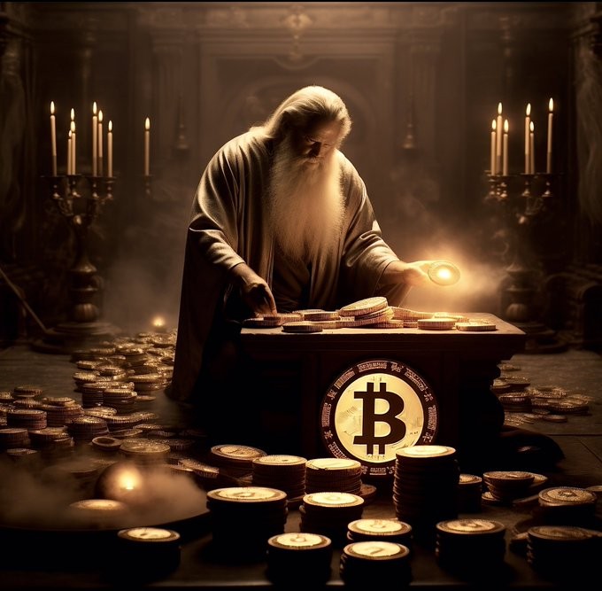 Bitcoin art vibrant gold wizard neon blockchain