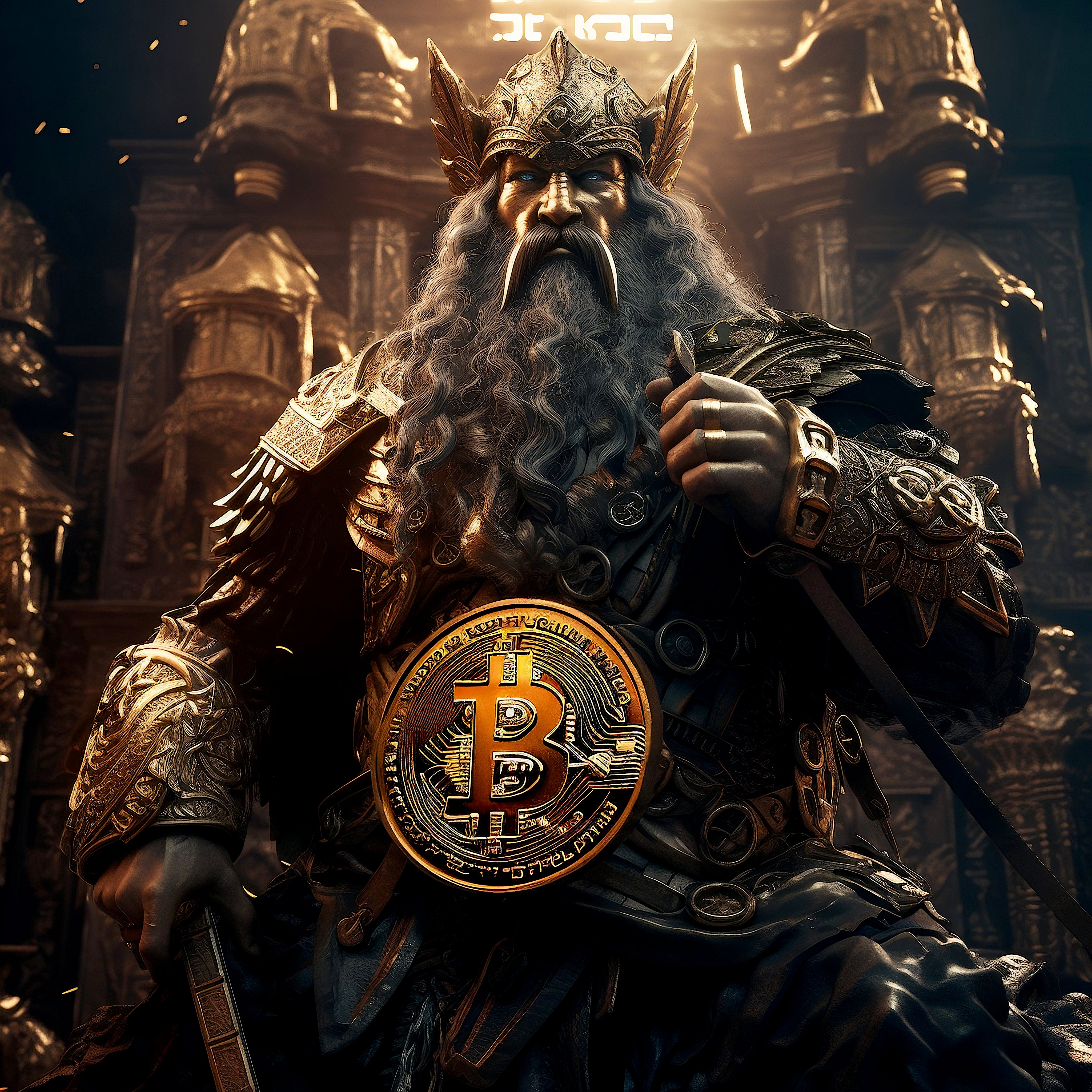 Bitcoin digital artwork warrior metallic design