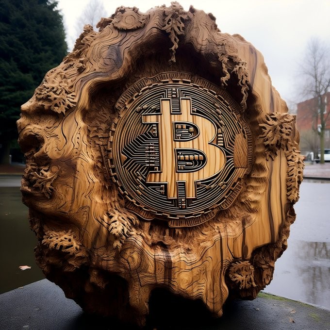 Bitcoin illustration wood knot luminous 3D network