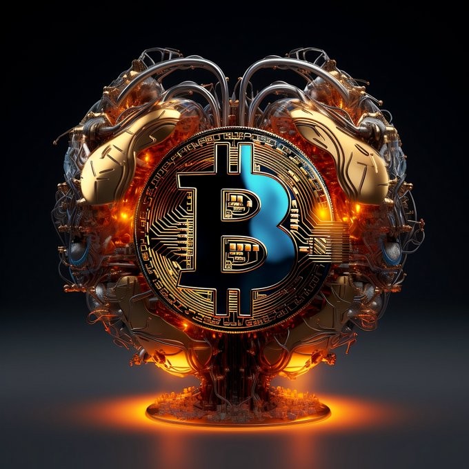 Free bitcoin digital art orange holographic blockchain pattern