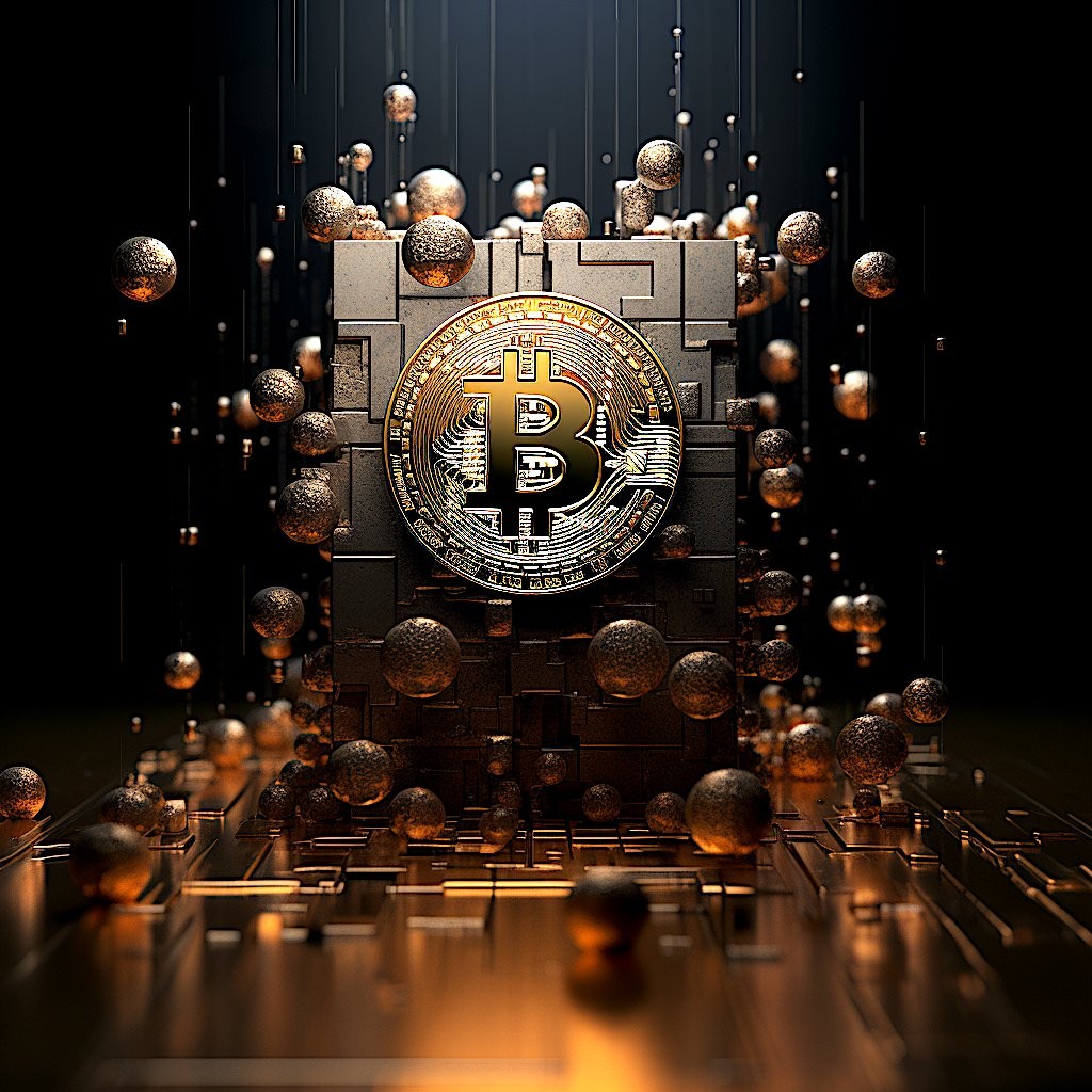 Bitcoin illustration gold bubbles futuristic network