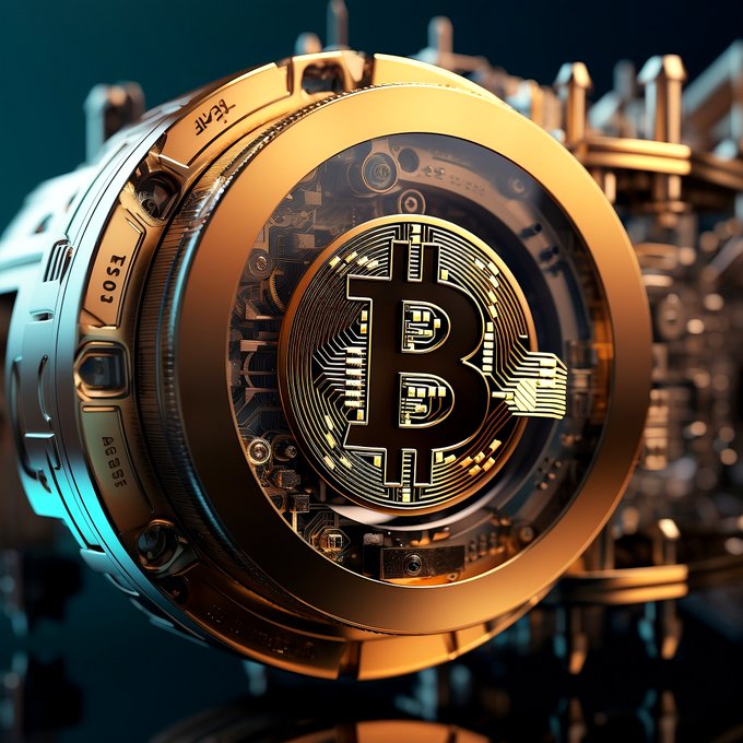 Bitcoin digital illustration neon gold mechanical sphere