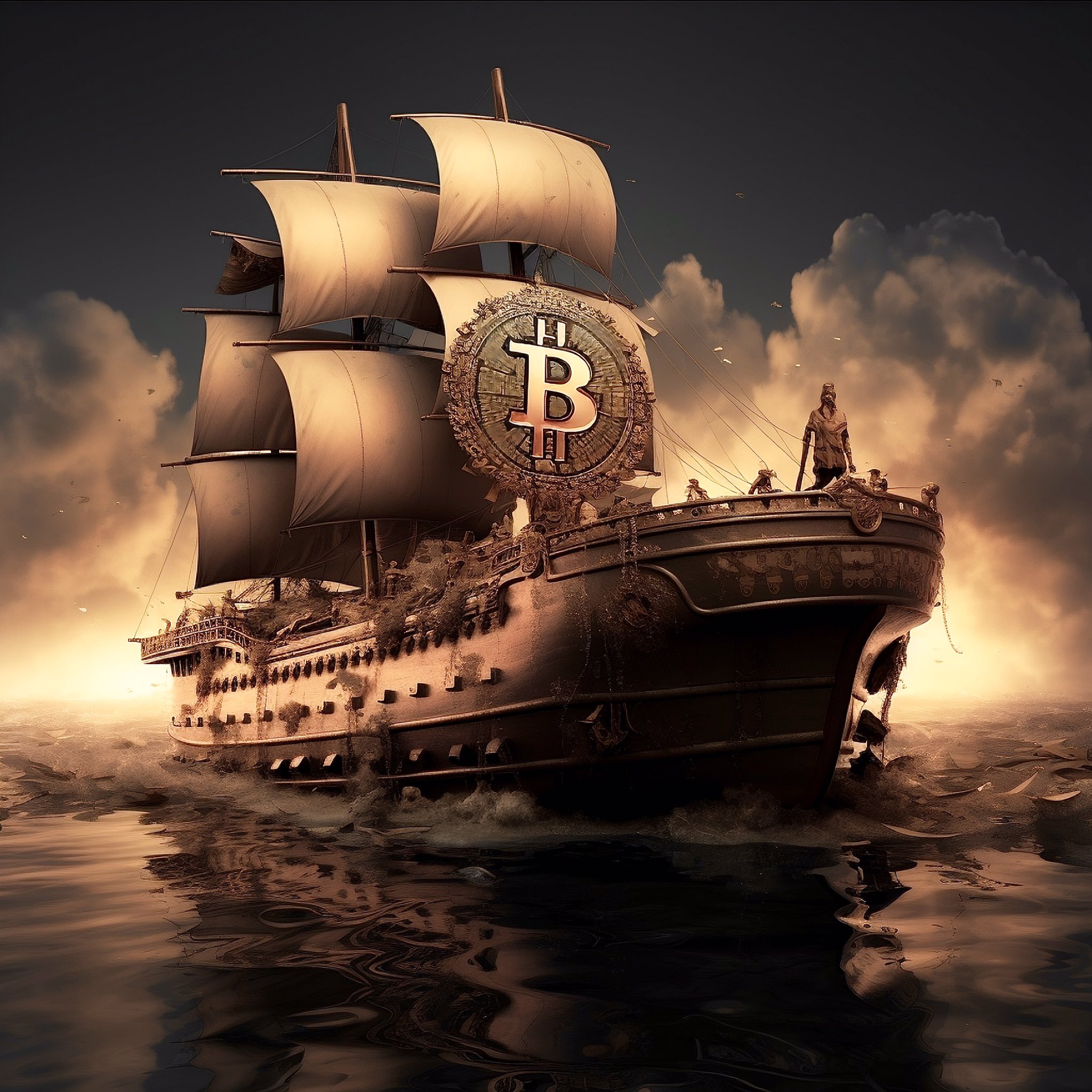 Bitcoin design sail ship cyberpunk coin portrait