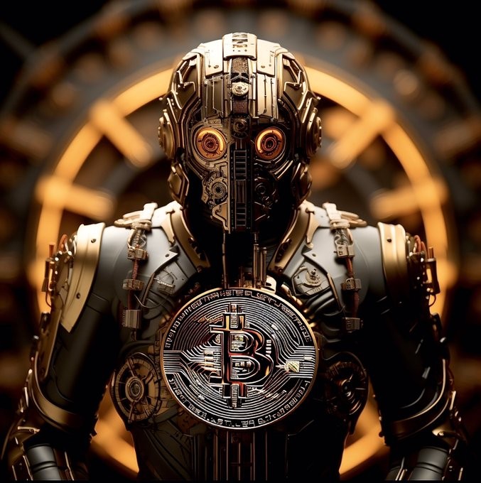 Bitcoin artwork neon orange AI holographic abstract