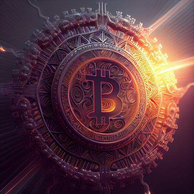 Bitcoin digital artwork blue luminous blockchain explosion