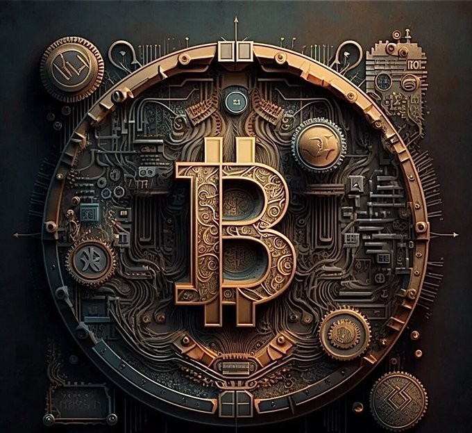 Bitcoin illustration futuristic orange geometric blockchain