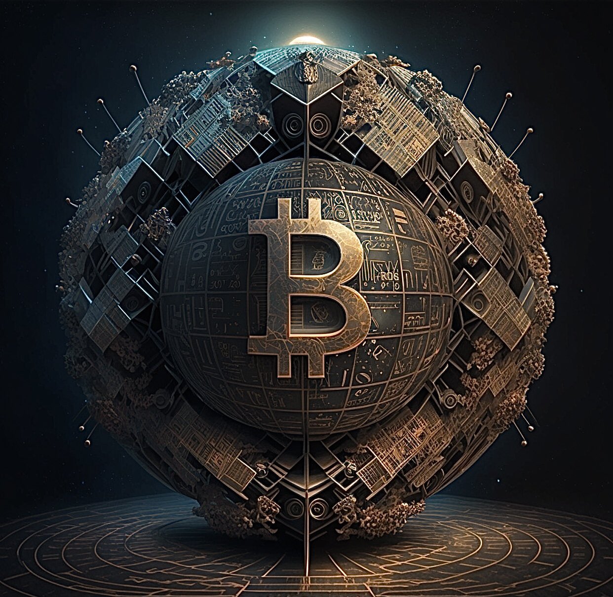 Bitcoin digital illustration orange holographic coin portrait