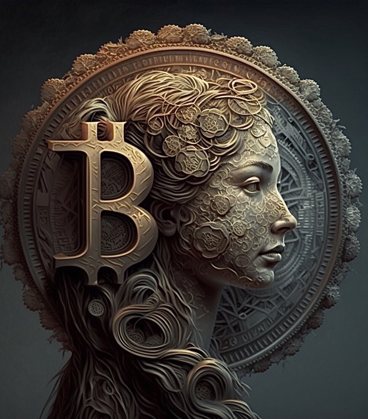 Bitcoin illustration futuristic orange coin with circuits