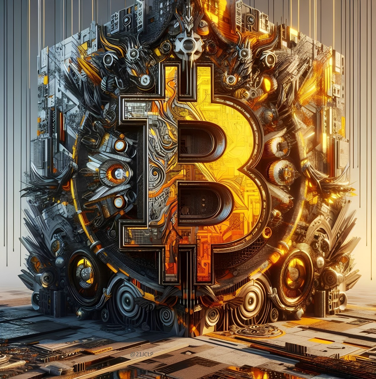 Bitcoin artwork luminous orange cyberpunk coin with circuits