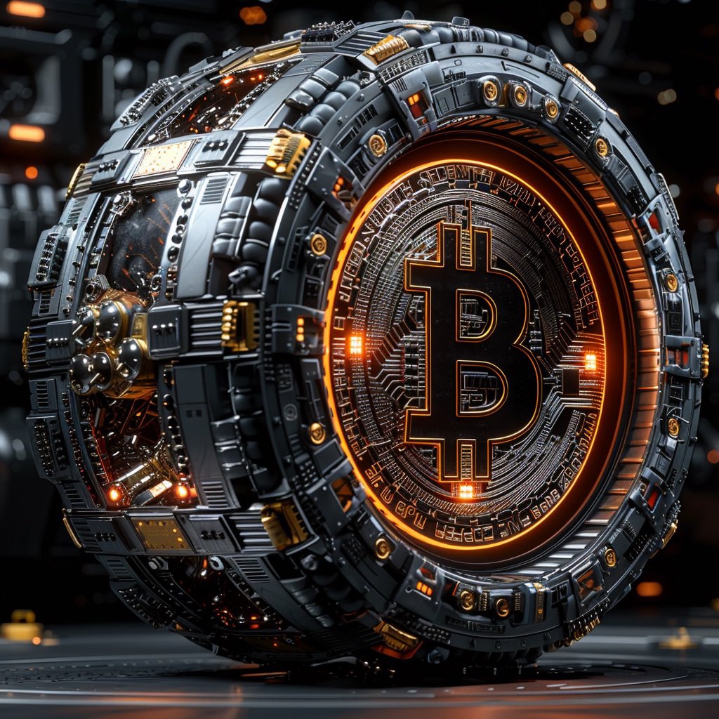 Bitcoin illustration neon orange 3D coin floating in space