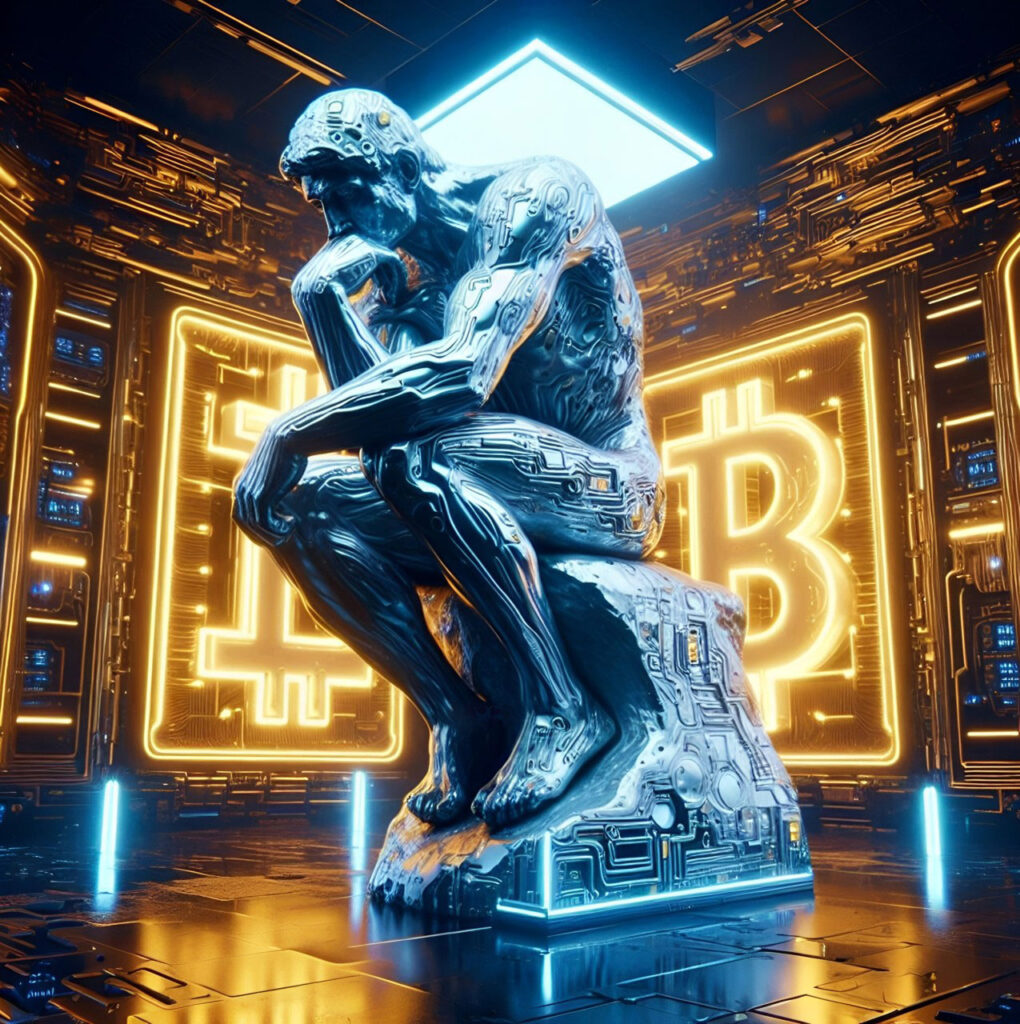 The Thinker statue symbolizing deep contemplation in Bitcoin self-custody curriculum – 24 modules across 3 departments